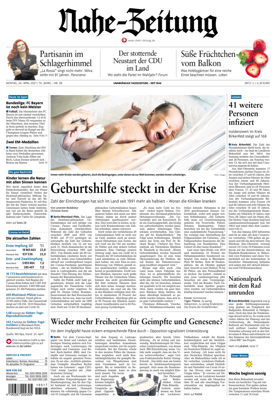 Nahe-Zeitung vom Montag, 26.04.2021
