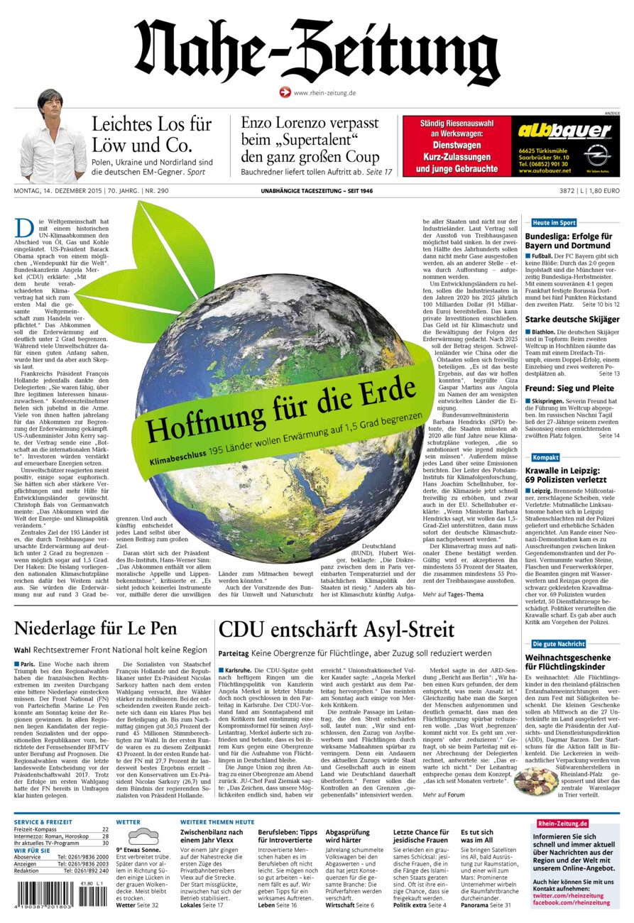 Nahe-Zeitung vom Montag, 14.12.2015