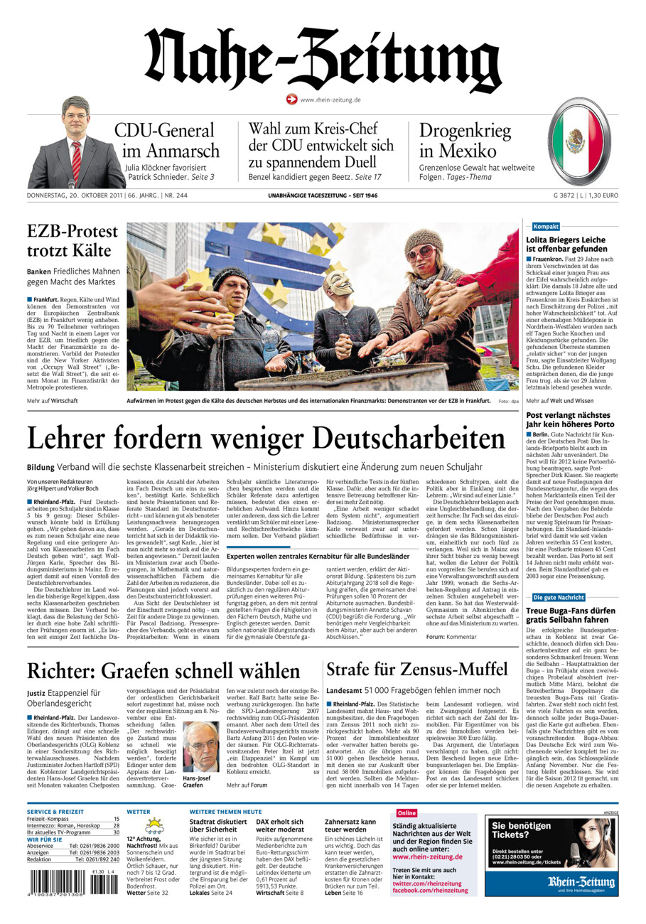 Nahe-Zeitung vom Donnerstag, 20.10.2011