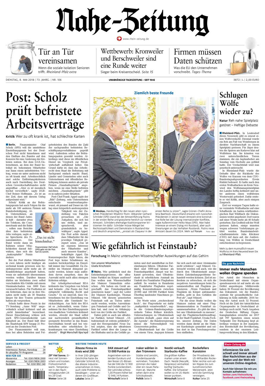 Nahe-Zeitung vom Dienstag, 08.05.2018