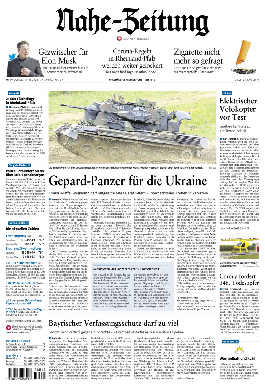 Nahe-Zeitung vom Mittwoch, 27.04.2022