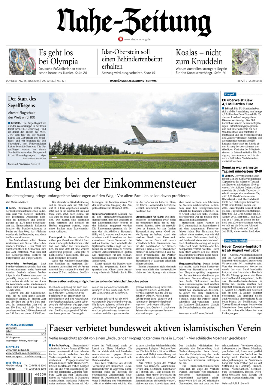 Nahe-Zeitung vom Donnerstag, 25.07.2024