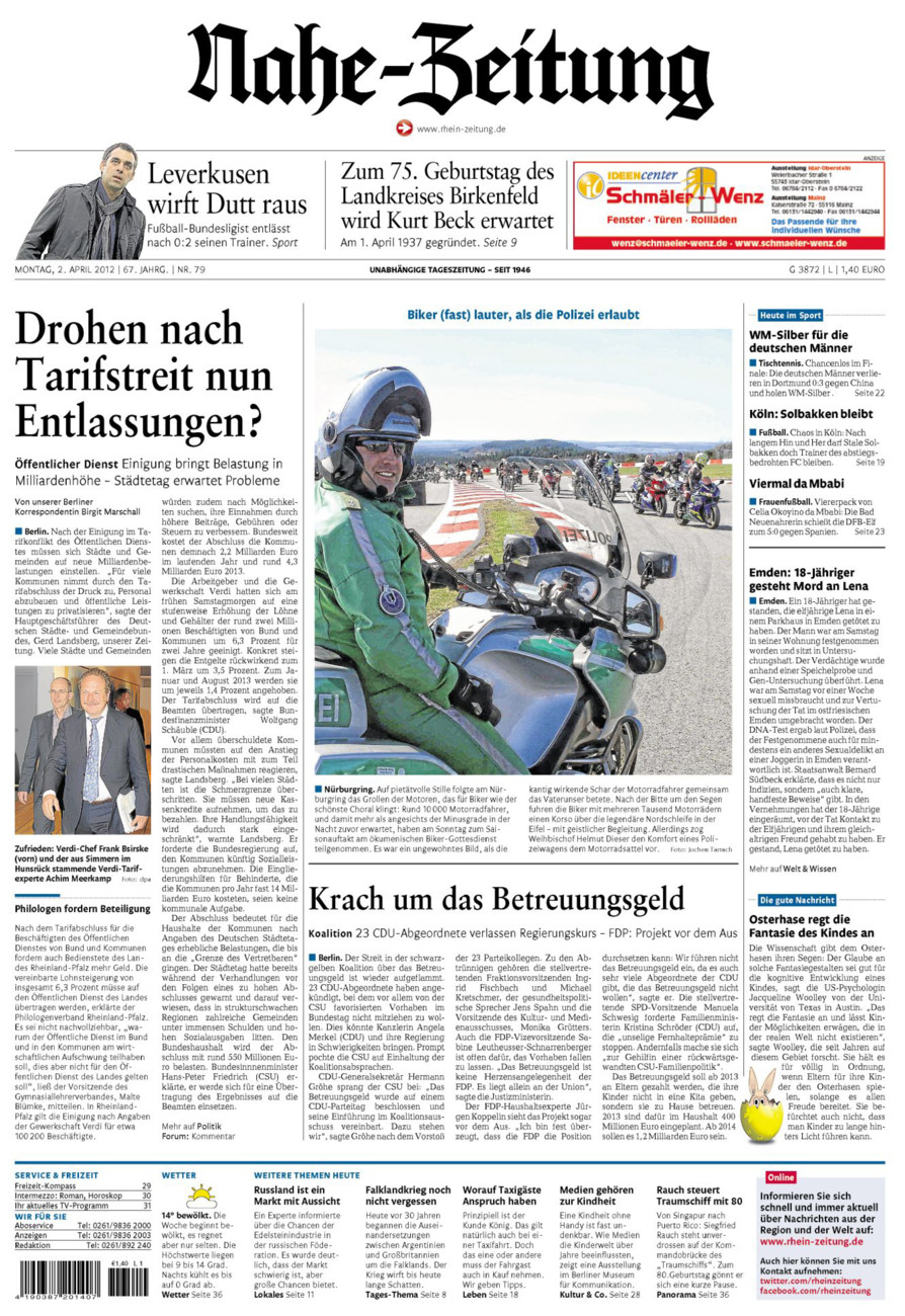 Nahe-Zeitung vom Montag, 02.04.2012