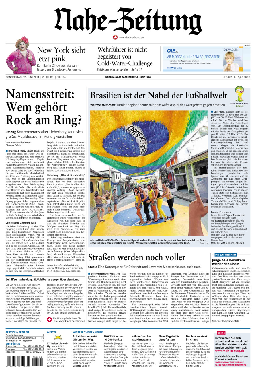 Nahe-Zeitung vom Donnerstag, 12.06.2014