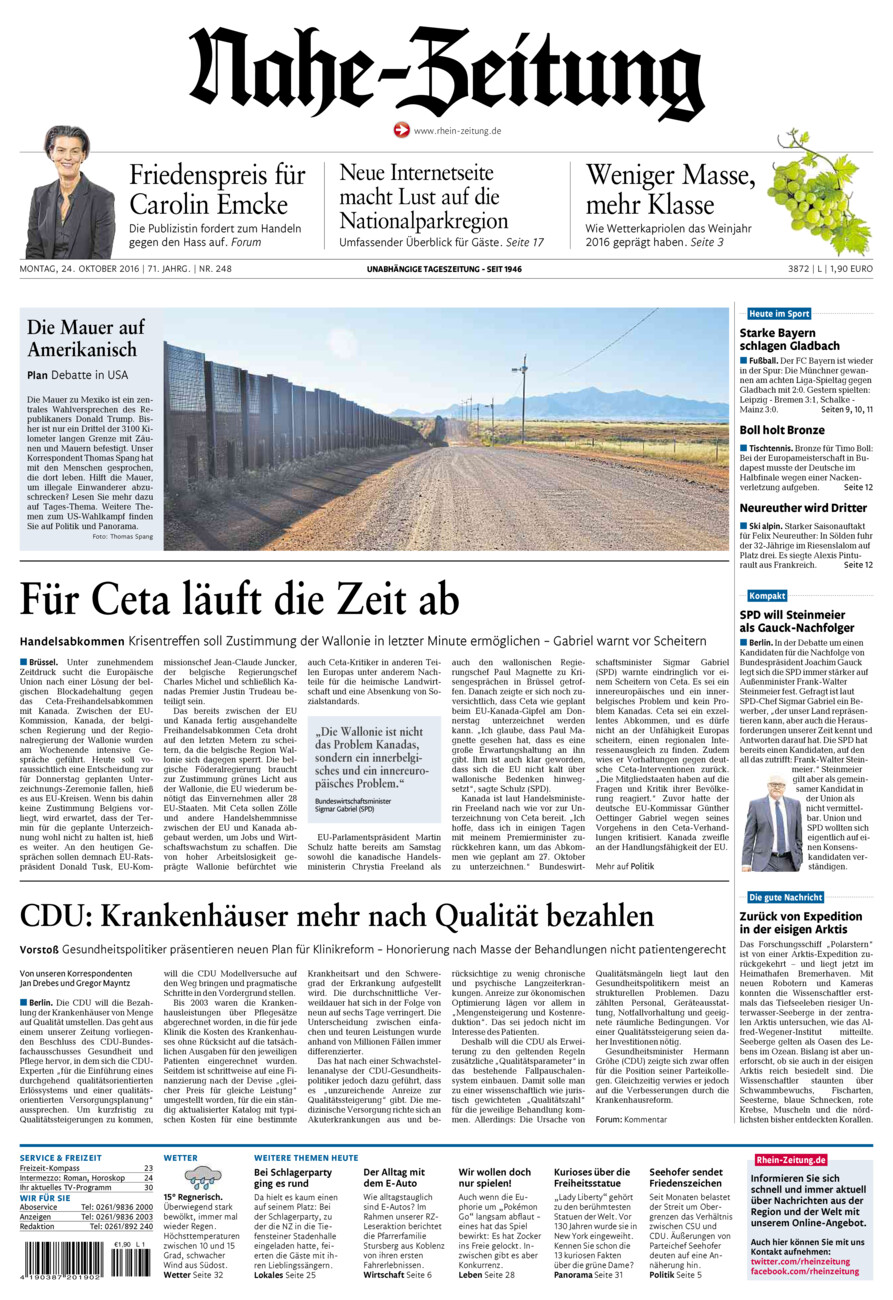 Nahe-Zeitung vom Montag, 24.10.2016
