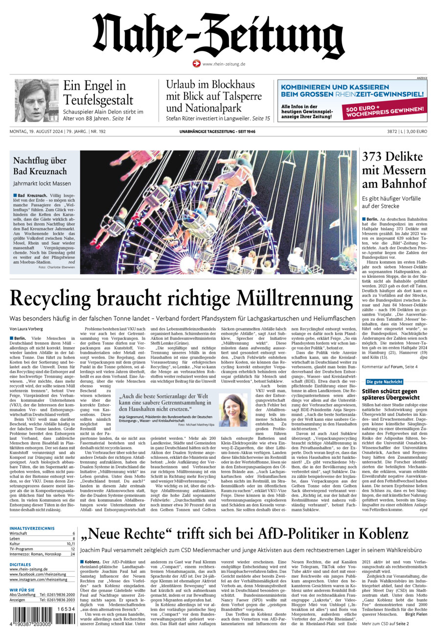 Nahe-Zeitung vom Montag, 19.08.2024