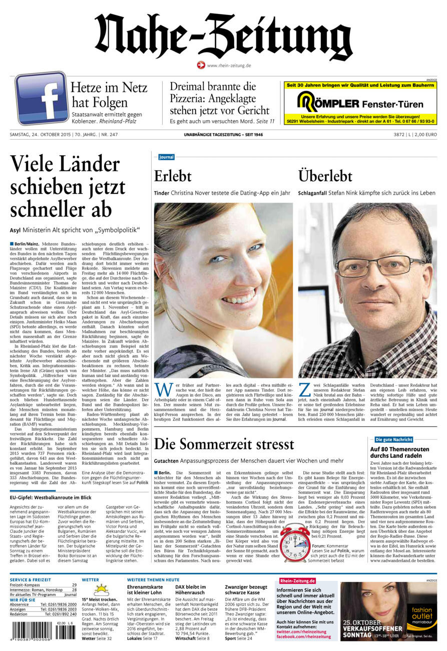 Nahe-Zeitung vom Samstag, 24.10.2015