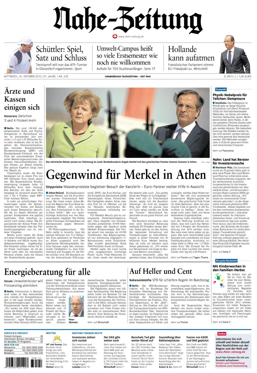 Nahe-Zeitung vom Mittwoch, 10.10.2012