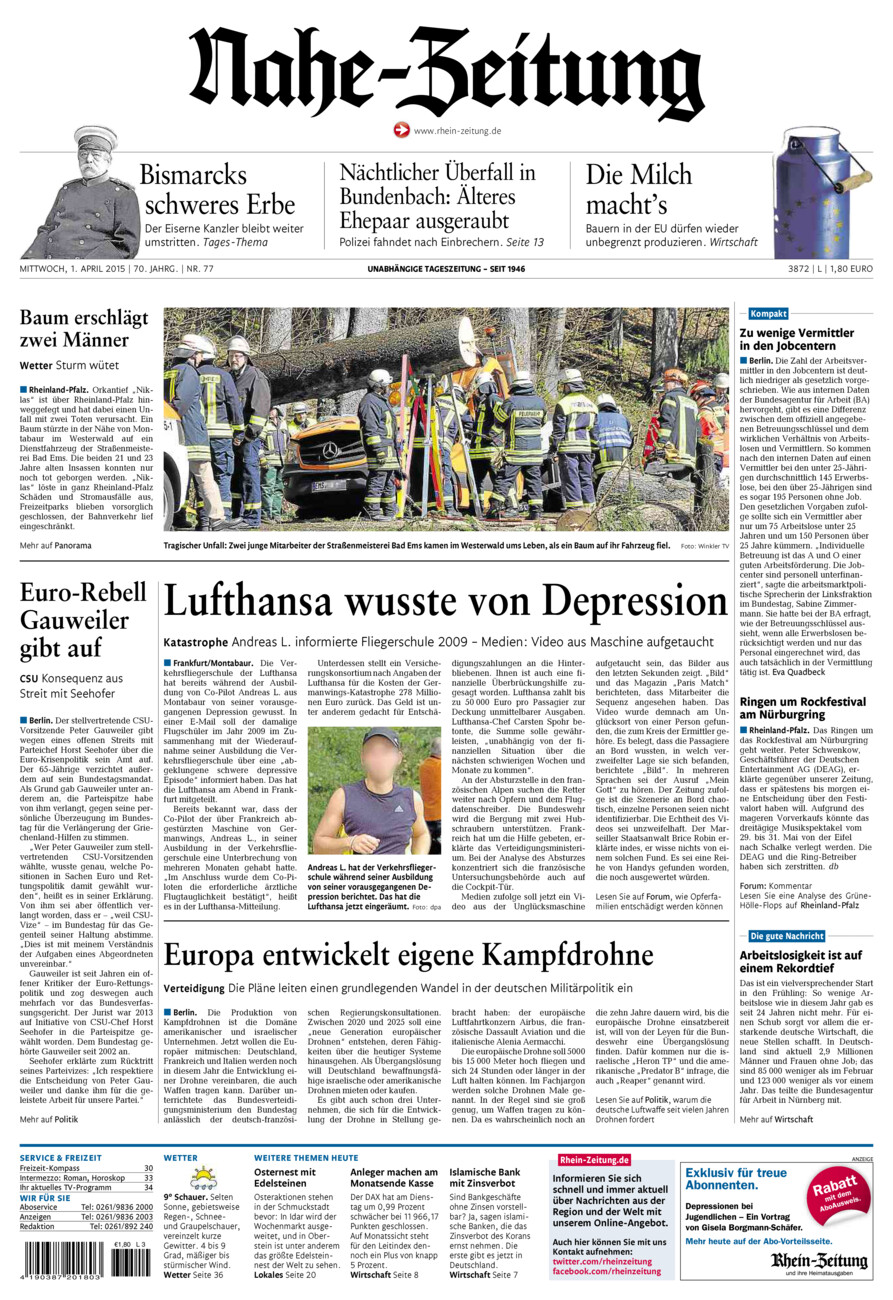 Nahe-Zeitung vom Mittwoch, 01.04.2015