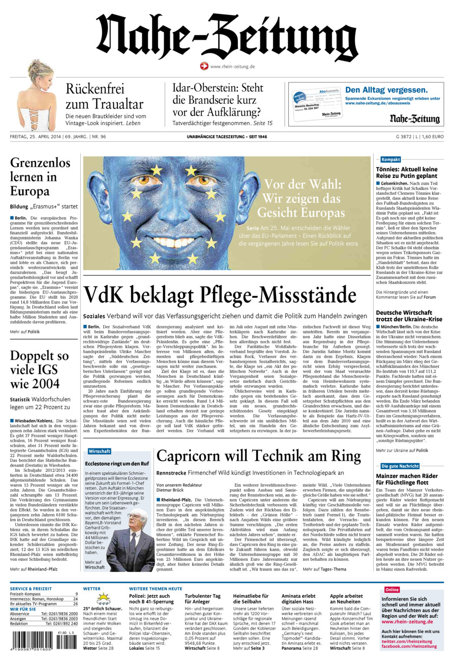 Nahe-Zeitung vom Freitag, 25.04.2014