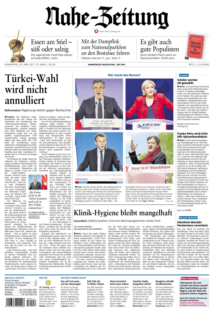Nahe-Zeitung vom Donnerstag, 20.04.2017