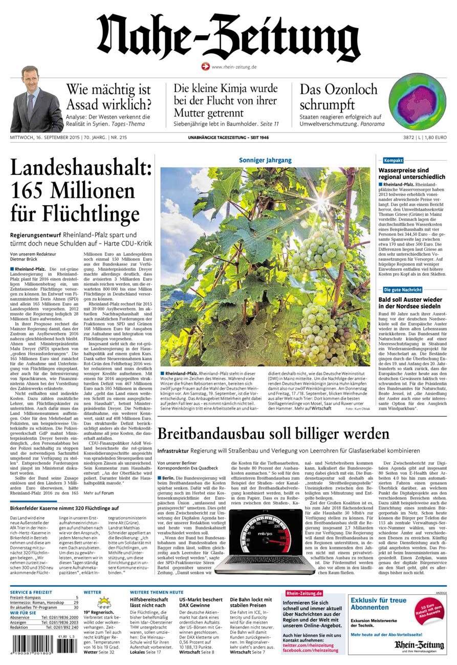 Nahe-Zeitung vom Mittwoch, 16.09.2015
