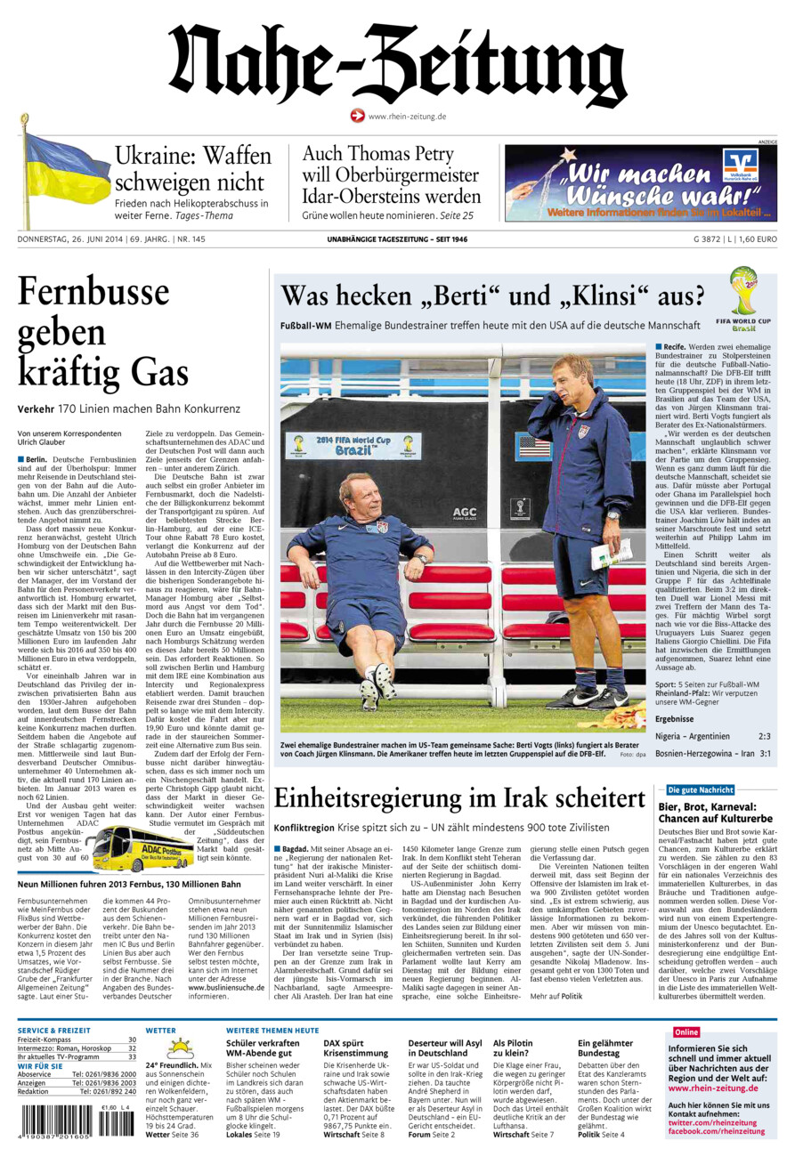 Nahe-Zeitung vom Donnerstag, 26.06.2014