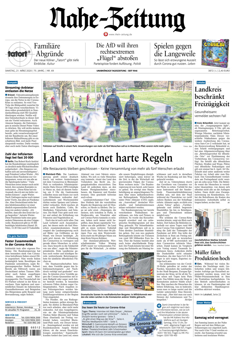 Nahe-Zeitung vom Samstag, 21.03.2020