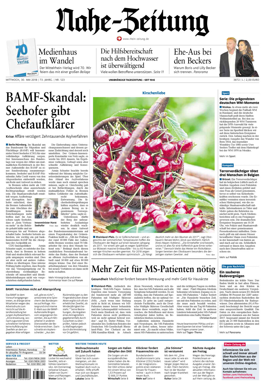 Nahe-Zeitung vom Mittwoch, 30.05.2018