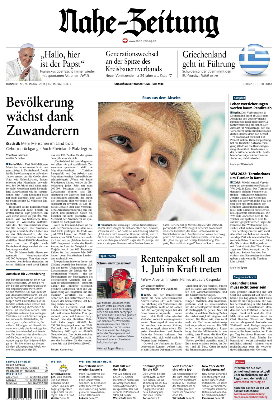 Nahe-Zeitung vom Donnerstag, 09.01.2014