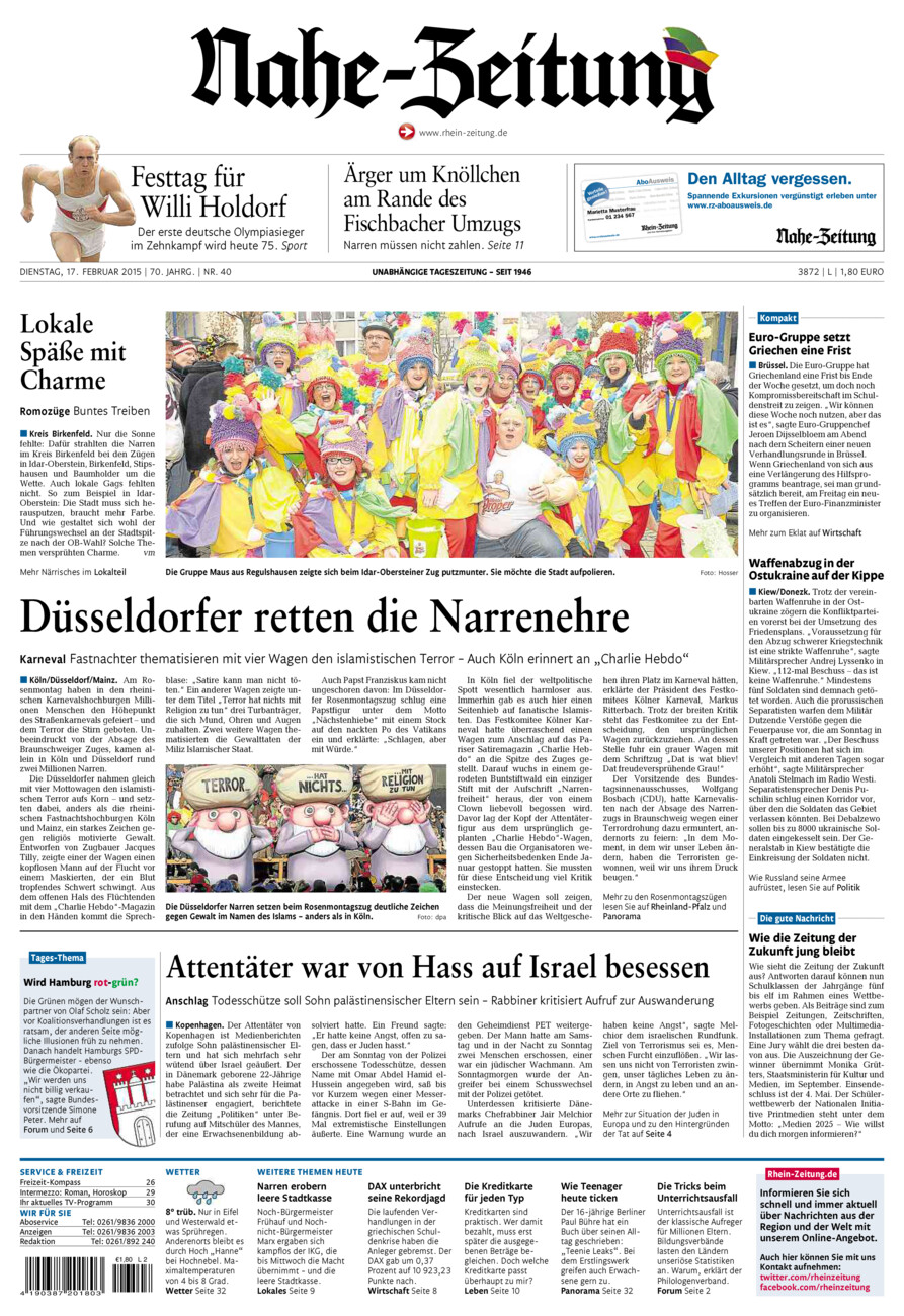 Nahe-Zeitung vom Dienstag, 17.02.2015