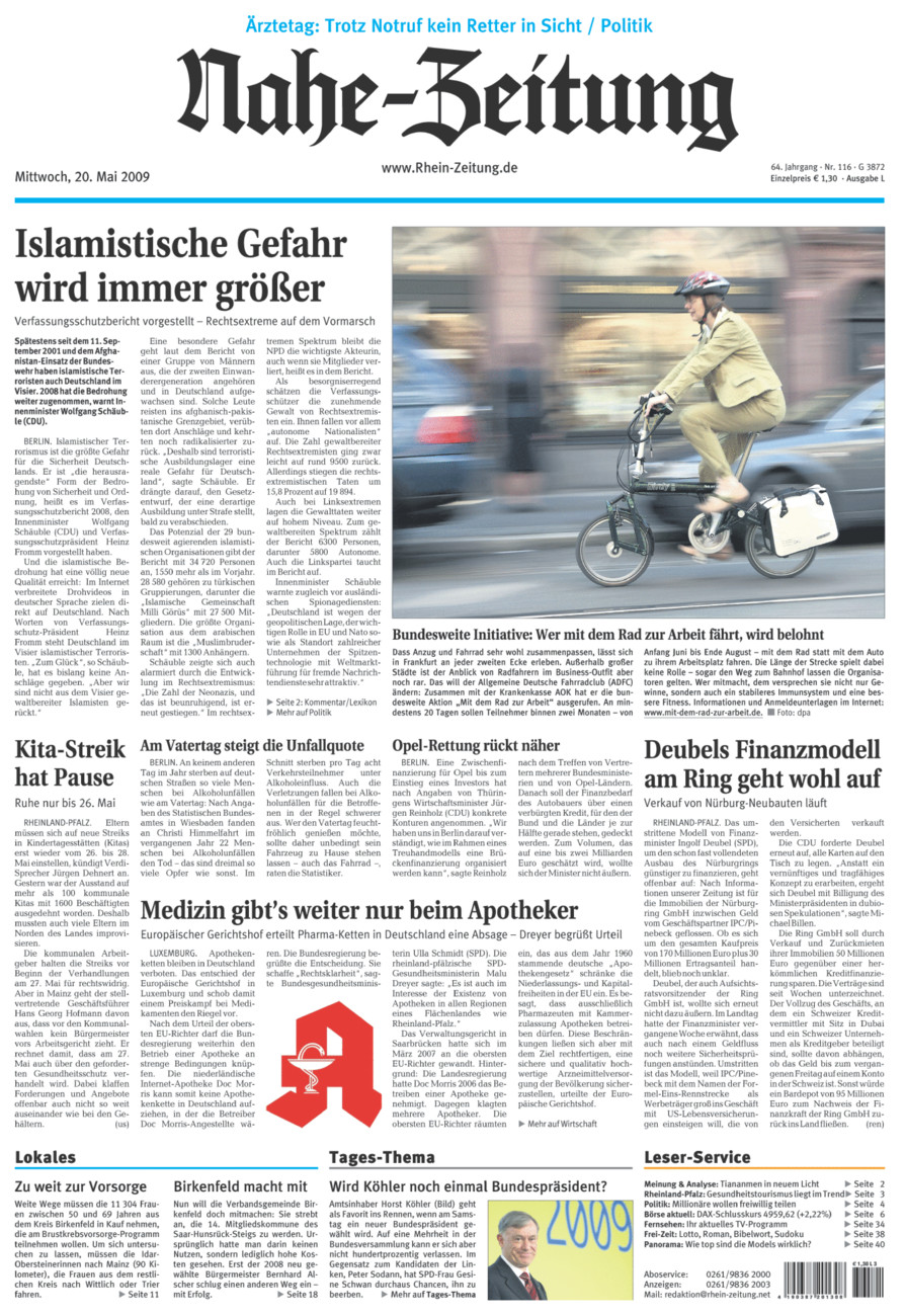 Nahe-Zeitung vom Mittwoch, 20.05.2009