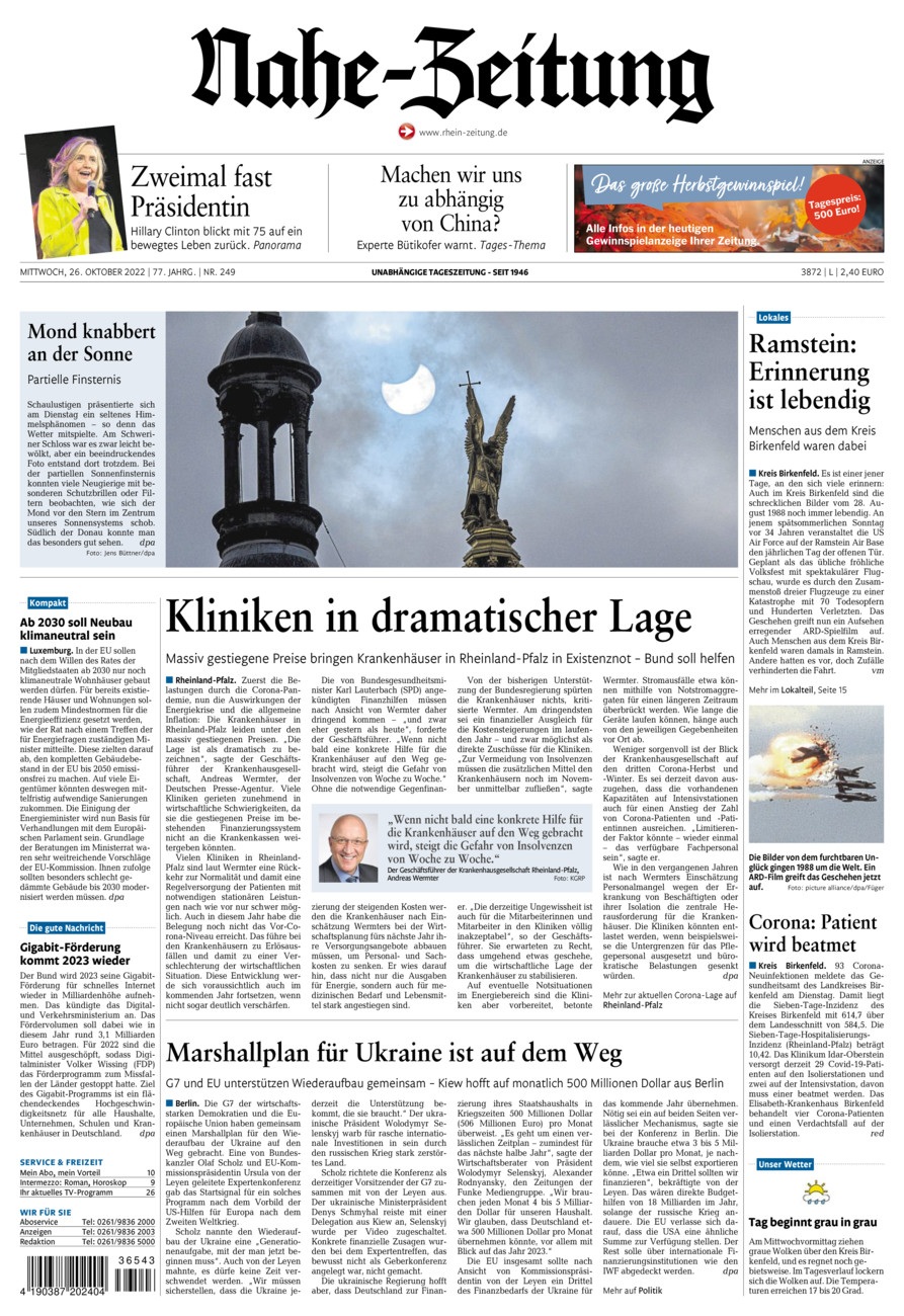 Nahe-Zeitung vom Mittwoch, 26.10.2022