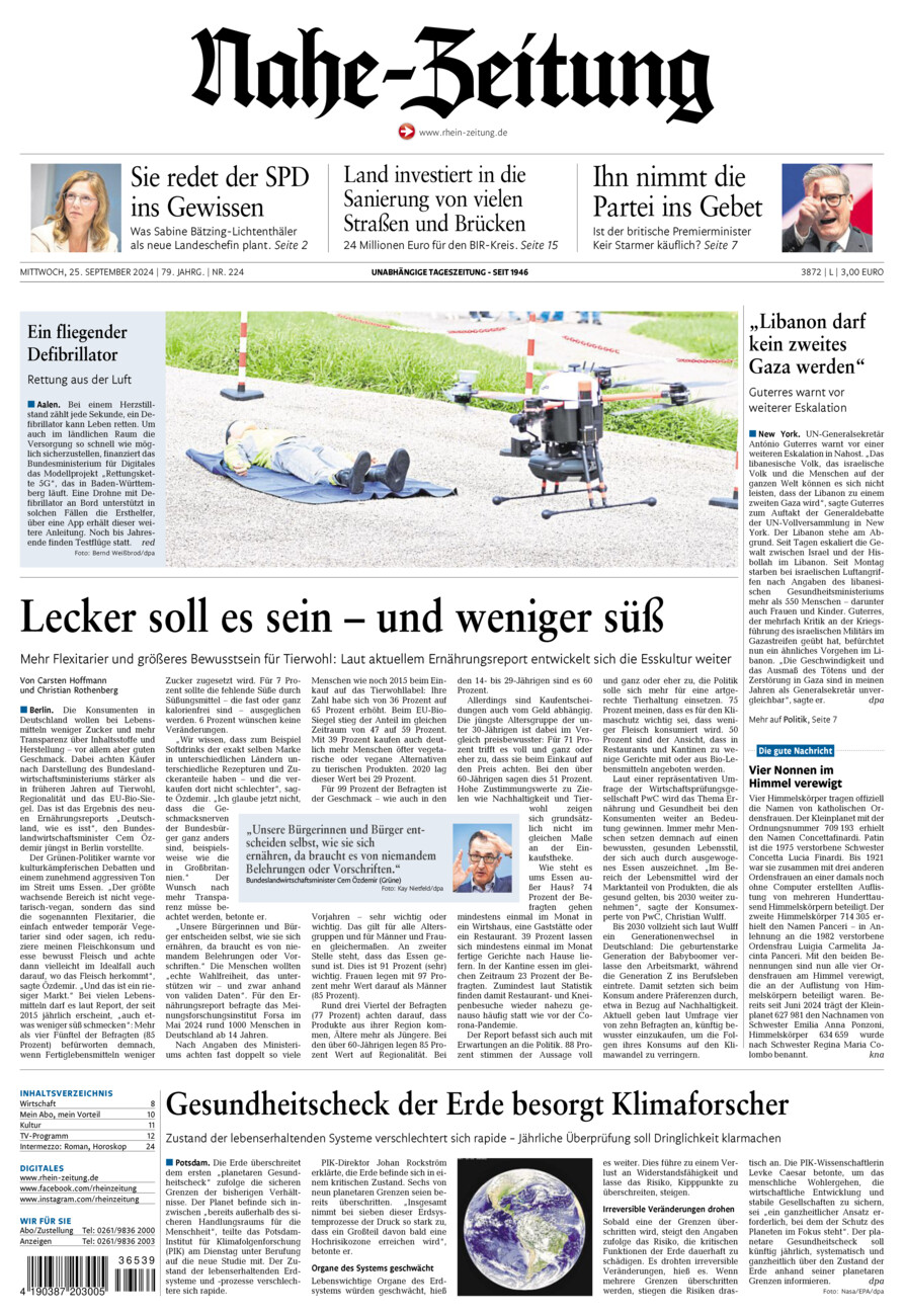 Nahe-Zeitung vom Mittwoch, 25.09.2024