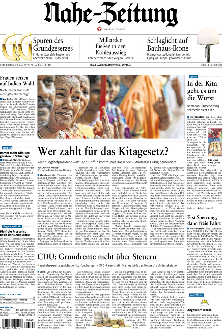 Nahe-Zeitung vom Donnerstag, 23.05.2019