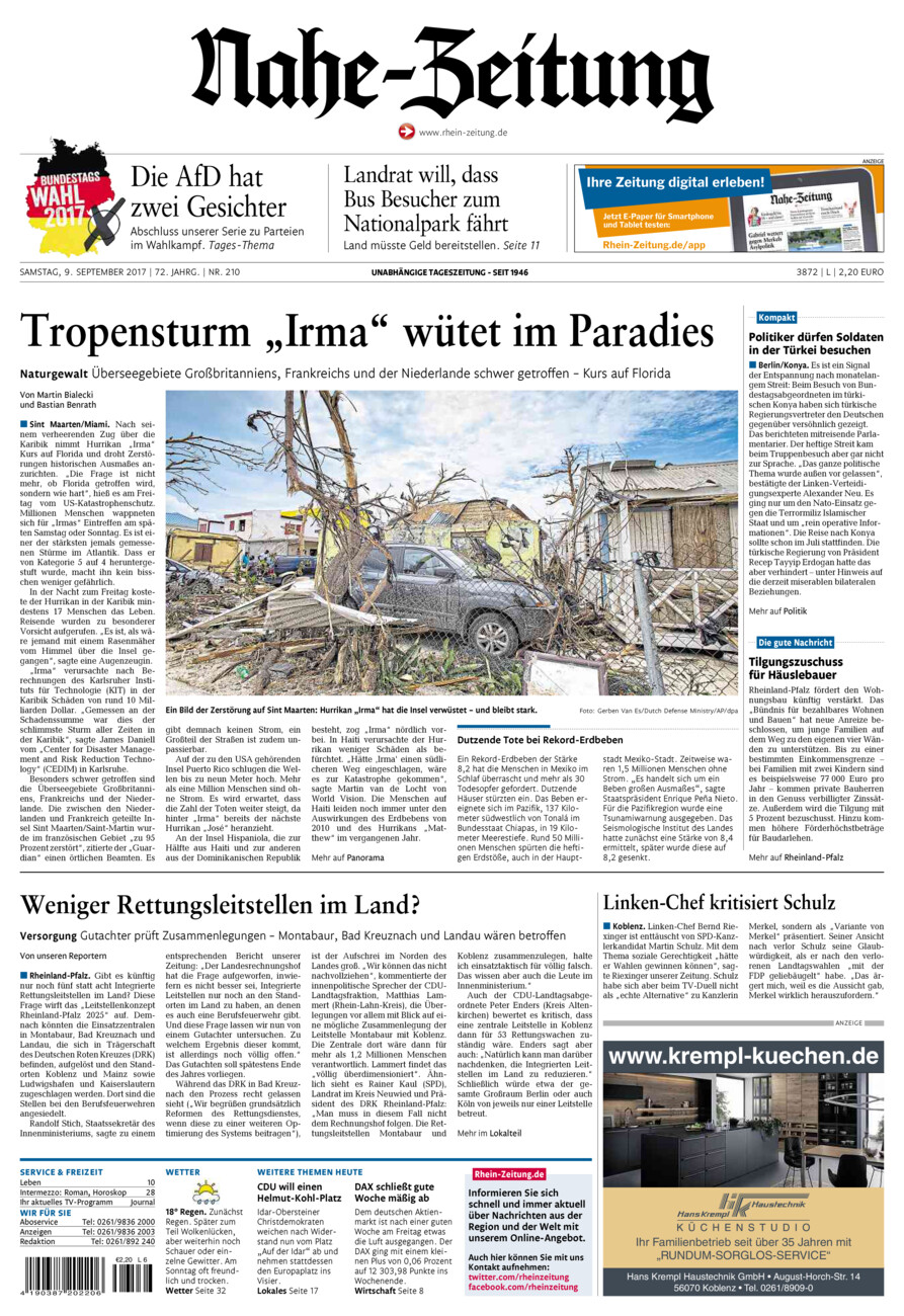 Nahe-Zeitung vom Samstag, 09.09.2017