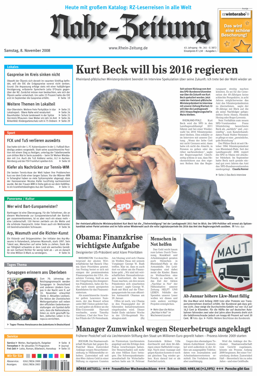 Nahe-Zeitung vom Samstag, 08.11.2008