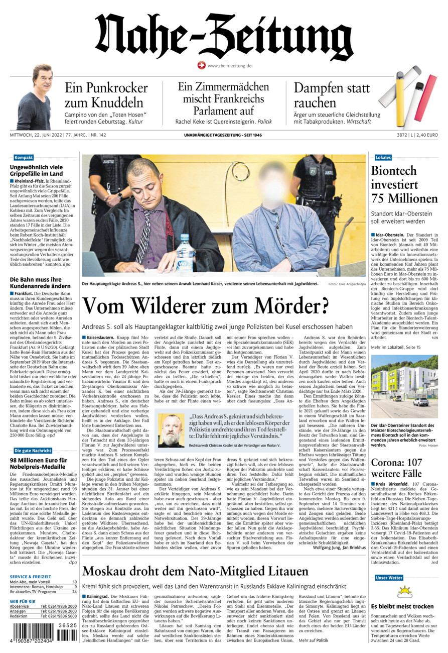 Nahe-Zeitung vom Mittwoch, 22.06.2022