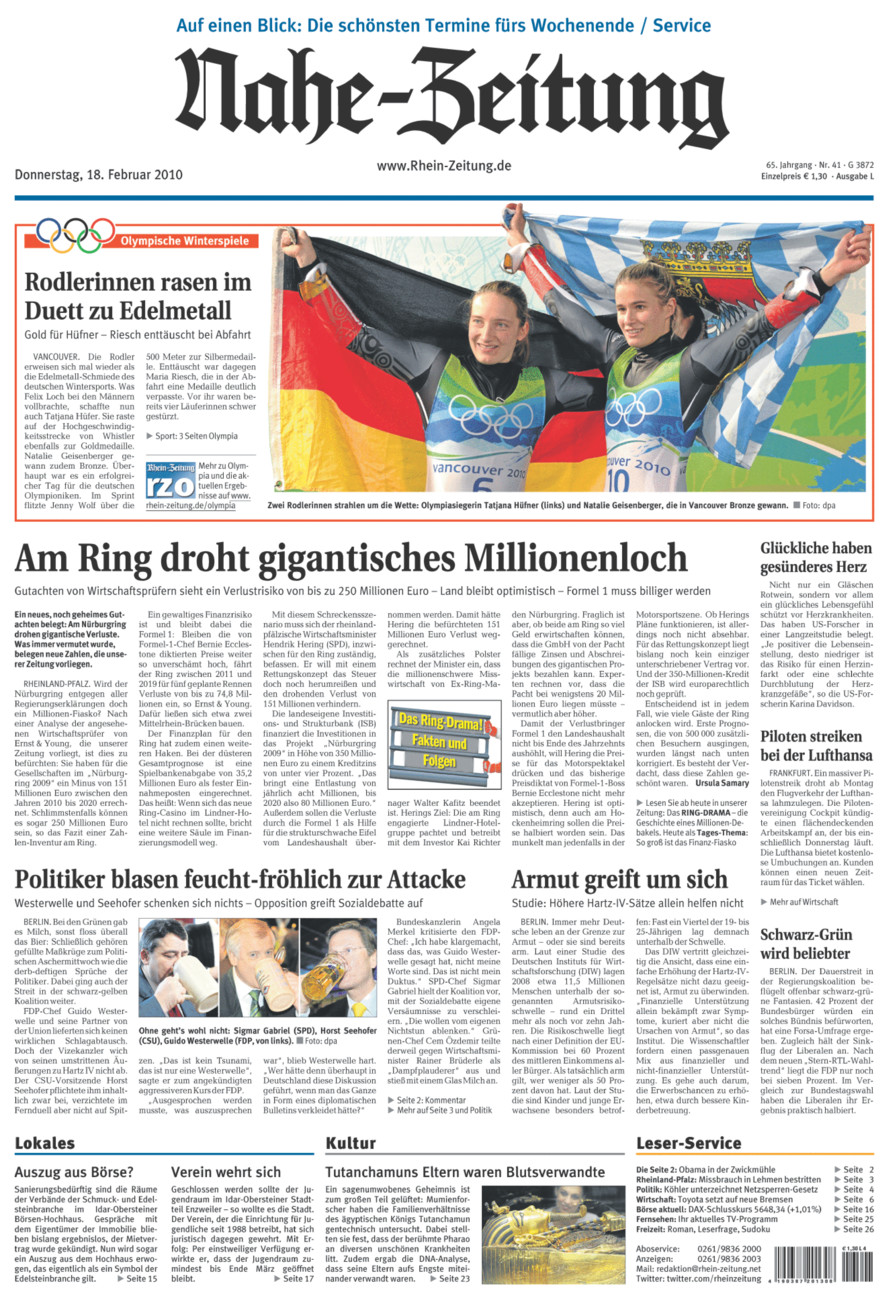 Nahe-Zeitung vom Donnerstag, 18.02.2010