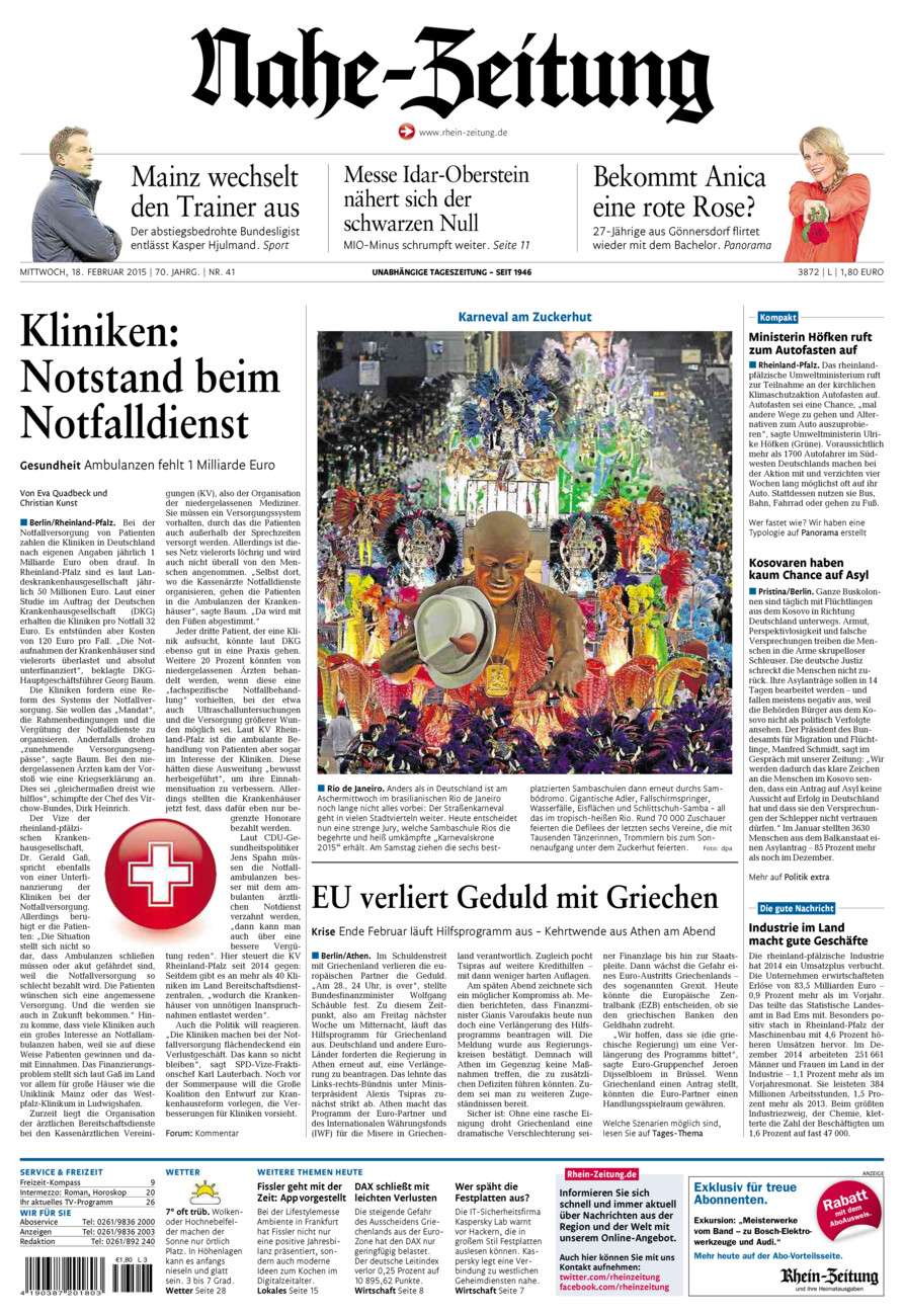 Nahe-Zeitung vom Mittwoch, 18.02.2015