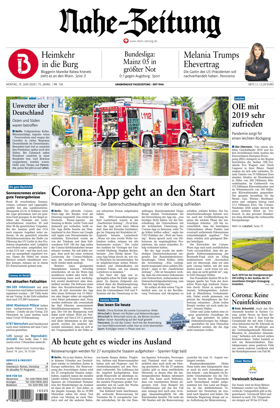 Nahe-Zeitung vom Montag, 15.06.2020