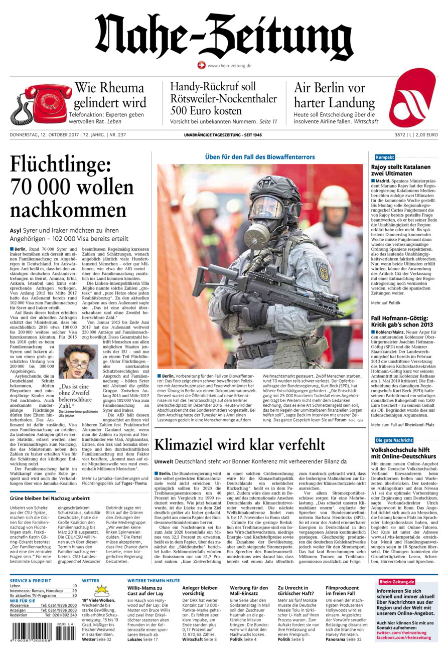 Nahe-Zeitung vom Donnerstag, 12.10.2017