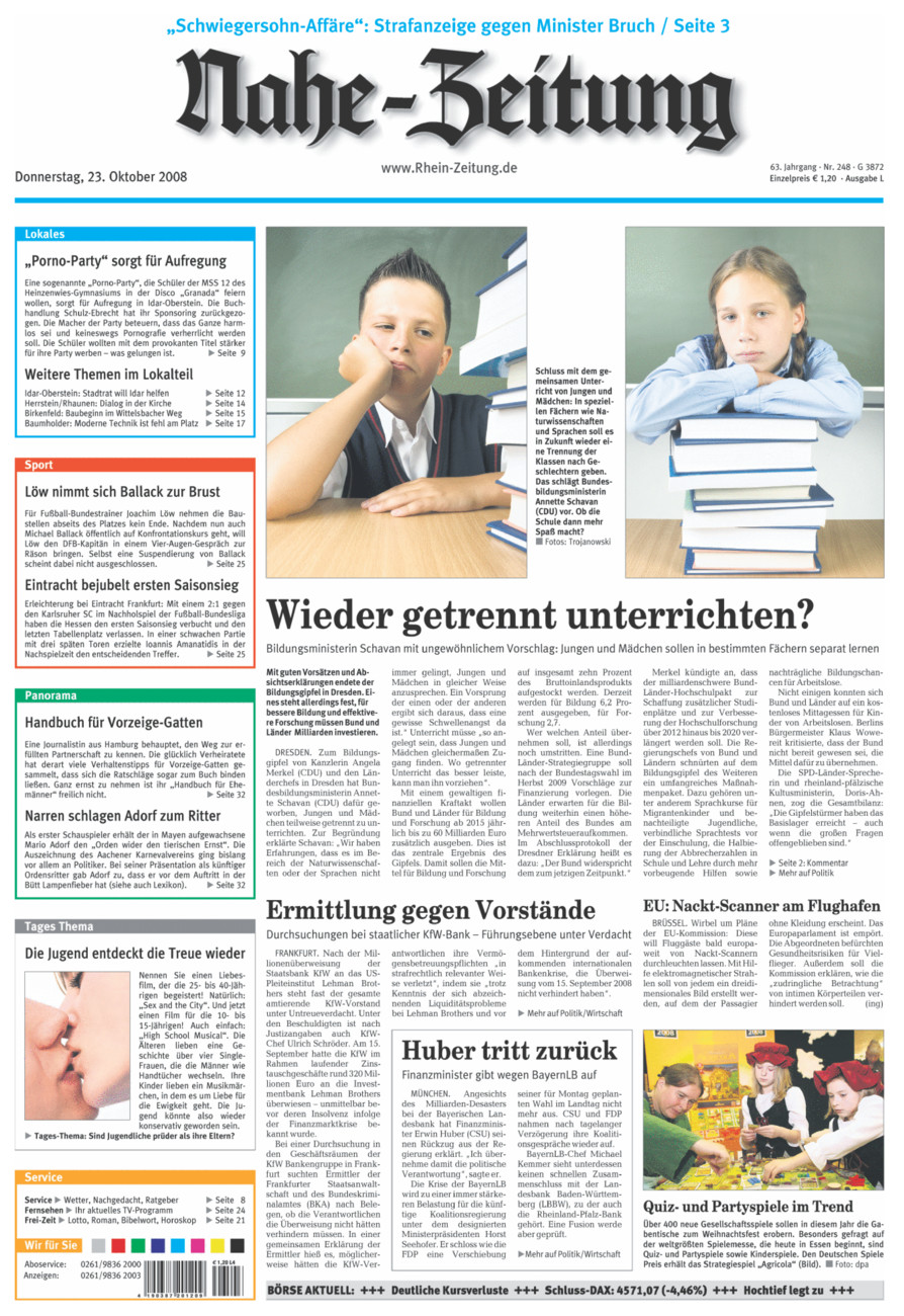 Nahe-Zeitung vom Donnerstag, 23.10.2008