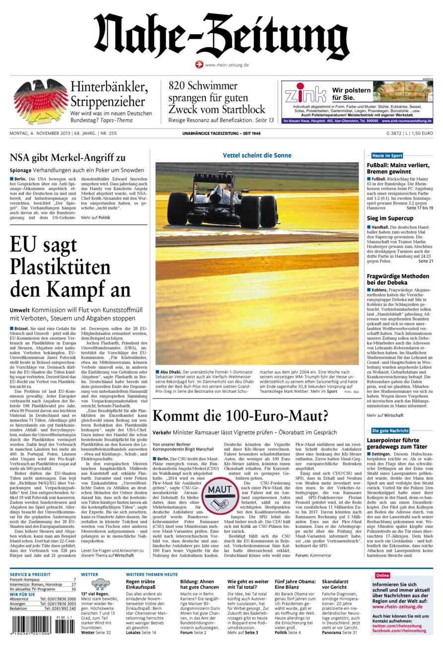 Nahe-Zeitung vom Montag, 04.11.2013
