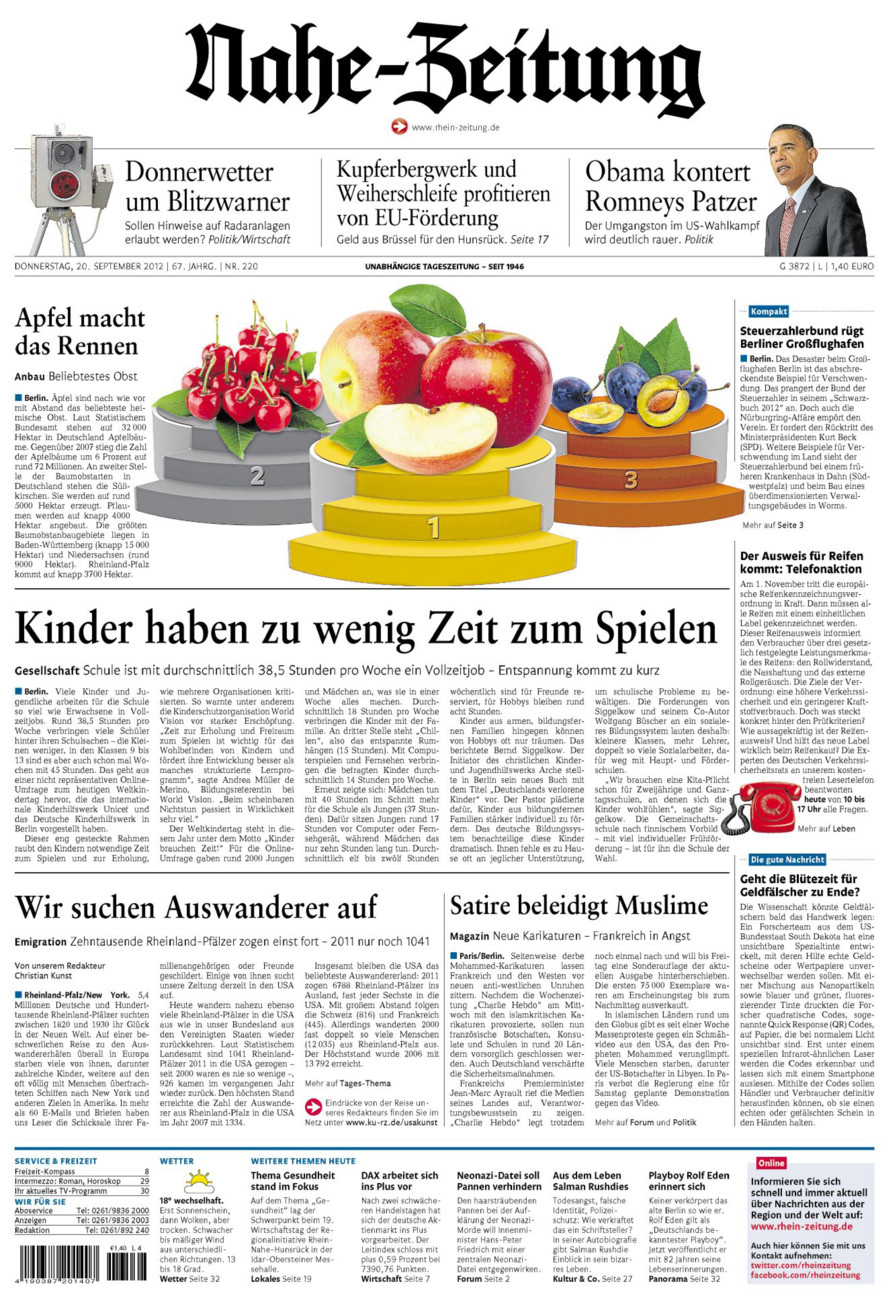 Nahe-Zeitung vom Donnerstag, 20.09.2012