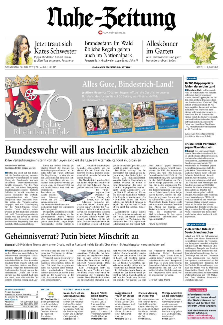 Nahe-Zeitung vom Donnerstag, 18.05.2017