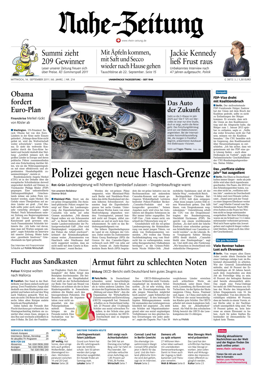 Nahe-Zeitung vom Mittwoch, 14.09.2011