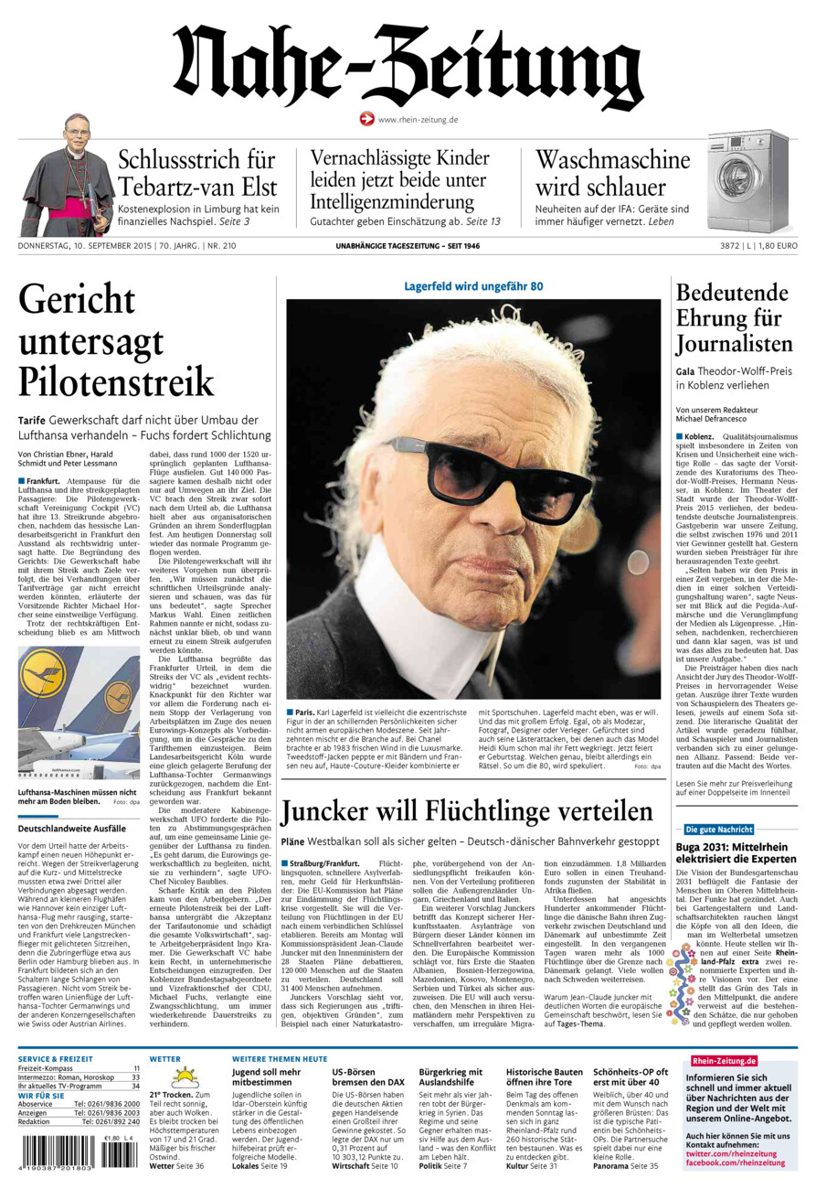 Nahe-Zeitung vom Donnerstag, 10.09.2015