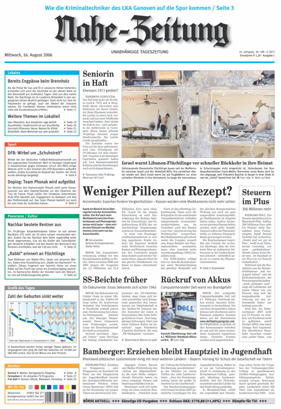Nahe-Zeitung vom Mittwoch, 16.08.2006