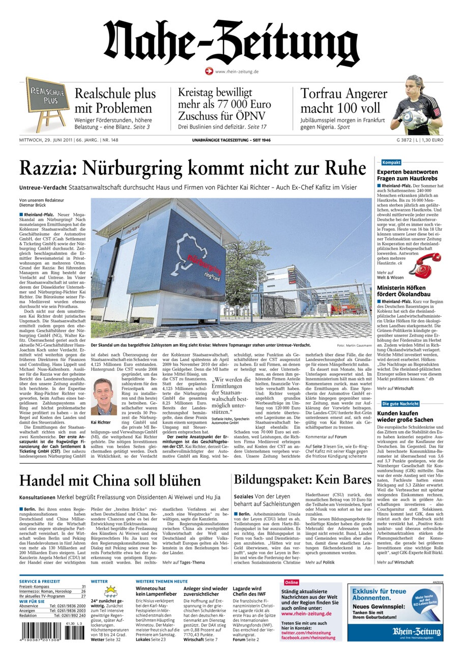 Nahe-Zeitung vom Mittwoch, 29.06.2011