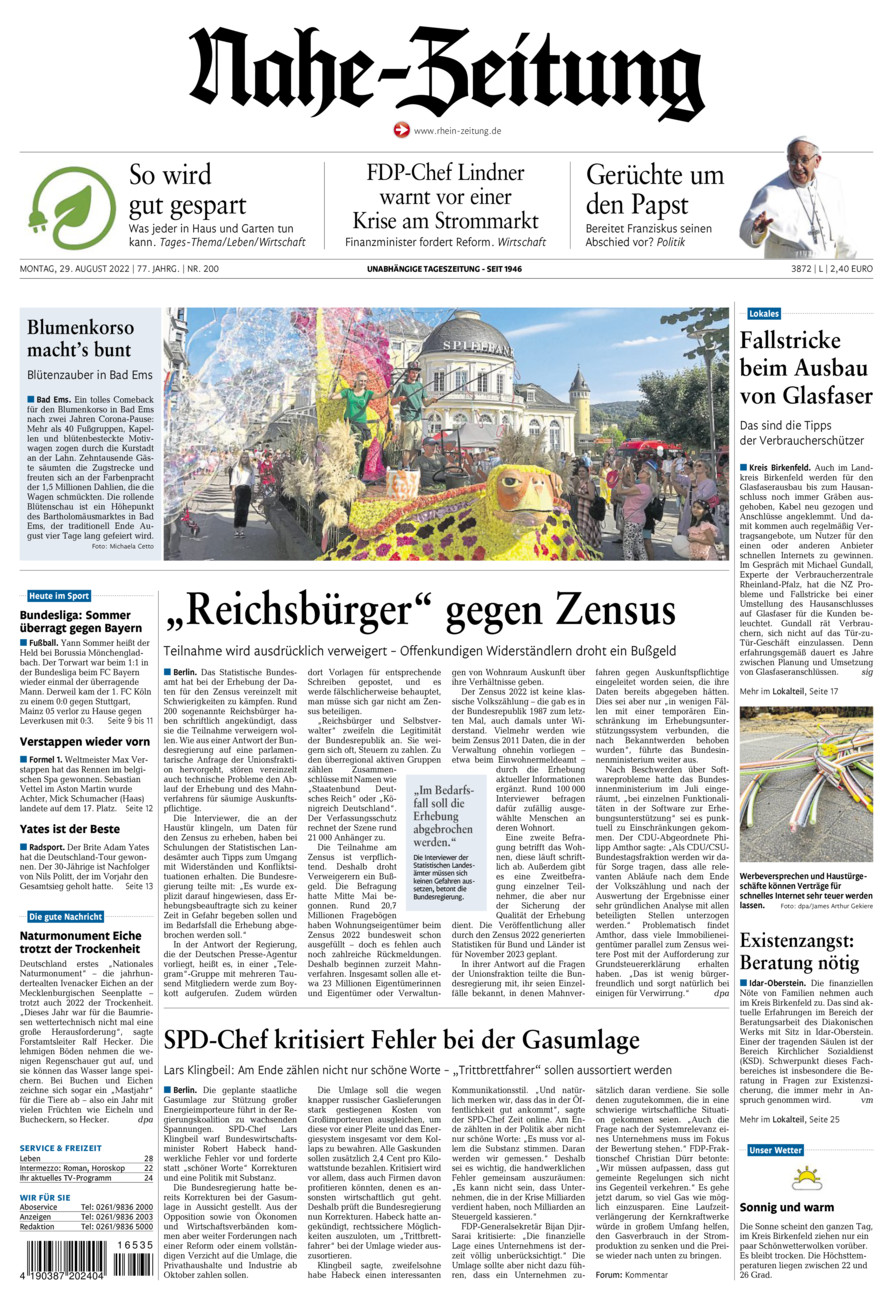 Nahe-Zeitung vom Montag, 29.08.2022