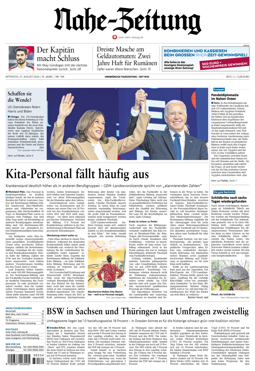 Nahe-Zeitung vom Mittwoch, 21.08.2024