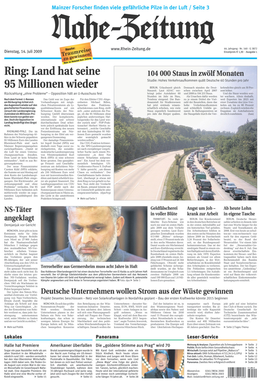 Nahe-Zeitung vom Dienstag, 14.07.2009