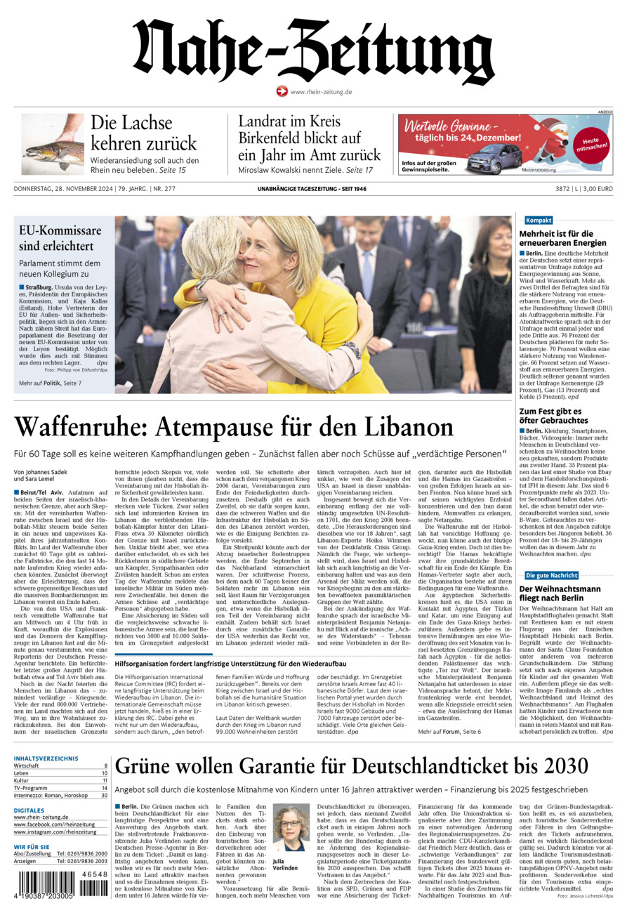 Nahe-Zeitung vom Donnerstag, 28.11.2024