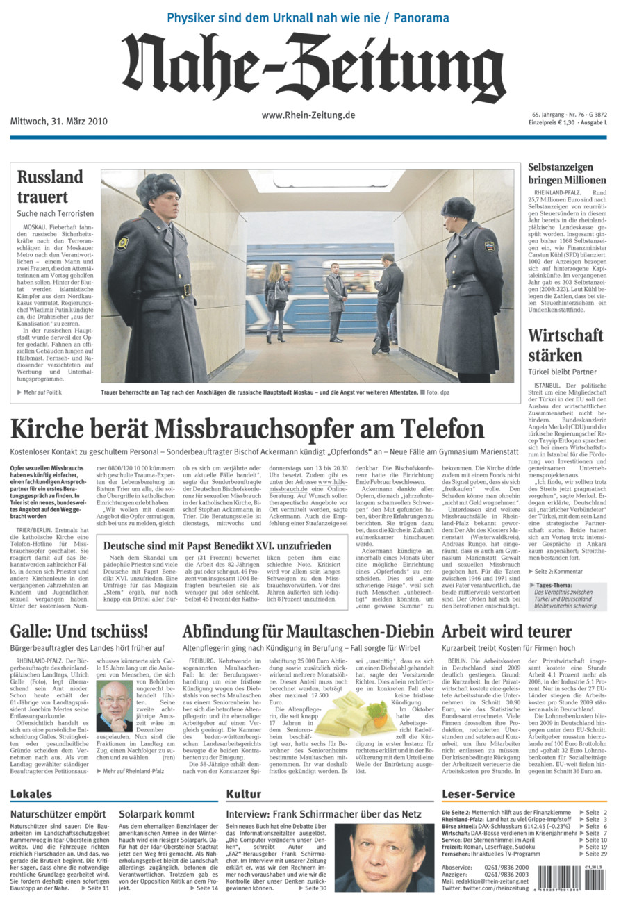 Nahe-Zeitung vom Mittwoch, 31.03.2010