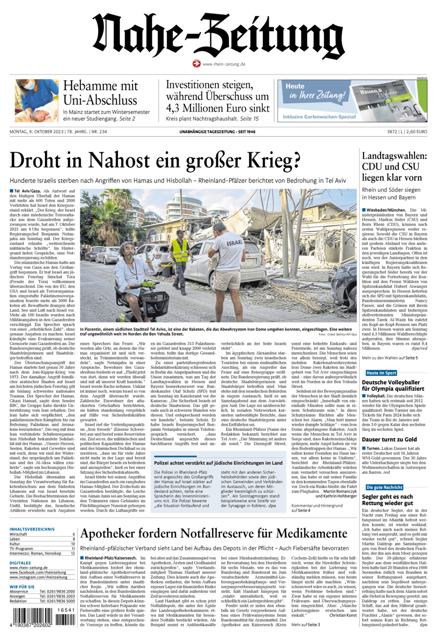 Nahe-Zeitung vom Montag, 09.10.2023