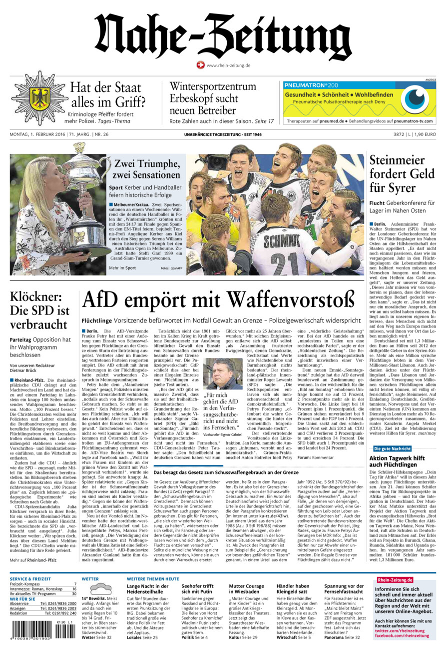 Nahe-Zeitung vom Montag, 01.02.2016