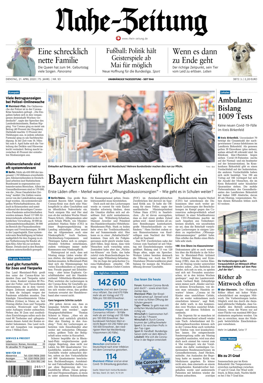 Nahe-Zeitung vom Dienstag, 21.04.2020