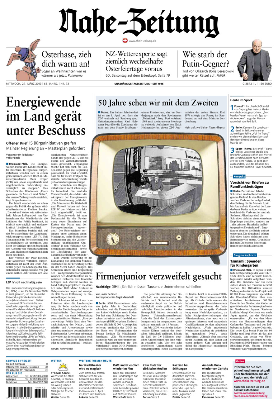 Nahe-Zeitung vom Mittwoch, 27.03.2013