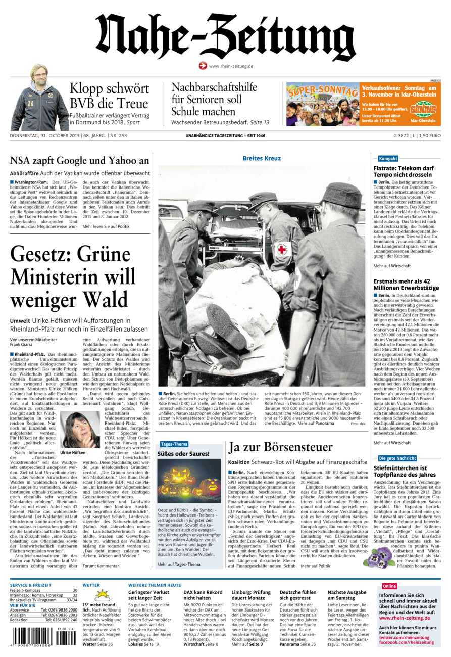 Nahe-Zeitung vom Donnerstag, 31.10.2013
